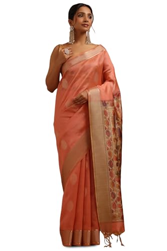 Soch Womens Peach Tussar Floral Zari Woven Saree
