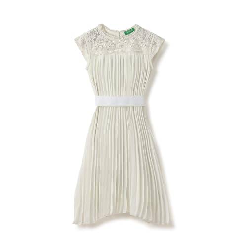 UNITED COLORS OF BENETTON Regular Fit Round Neck Embroidered Lace Insert Perma Pleat Dress (Size: 1-2 Years)-25P4POLDR0RFI074 White