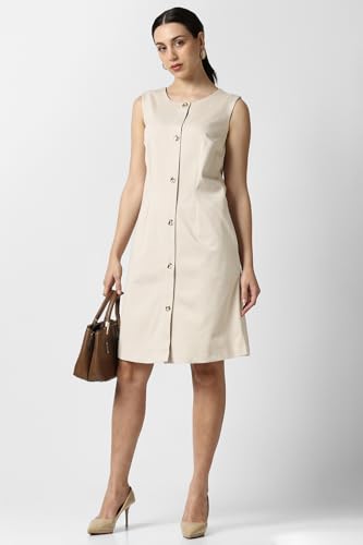 Women Beige Solid Knee Length Formal Dress
