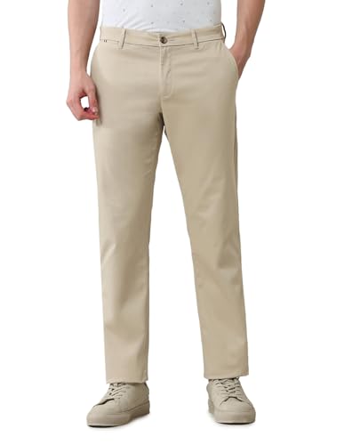 Arrow Sports Men's Beige Solid Mid Rise Cotton Button Regular Fit Flat Front Slant Pocket Trousers (ASAJTR2622_Beige_36)
