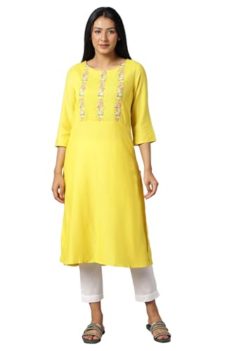 W for Woman Yellow Embroidered Kurta with Lace Trimming_24AUW11965-218195_2XL