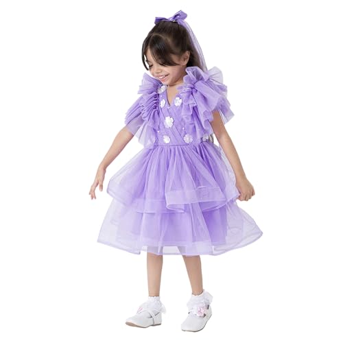 Hopscotch Girls Lavender Short Sleeves Floral Applique Tiered Dress for Age (5-6 Years)