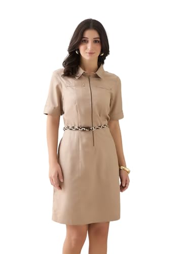 Latin Quarters Women Beige Solid Half Sleeves Collar Neck Casual Dress_S