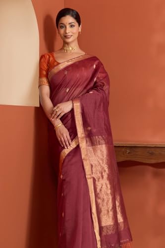 Taneira Women Dark Red Woven Pure Silk Cotton Bengal Saree with Unstitched Blouse Piece (SAPH04AB0593-Dark Red)