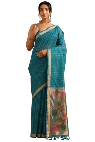 Soch Womens Turquoise Blue Tissue Botanical Zari Woven Saree