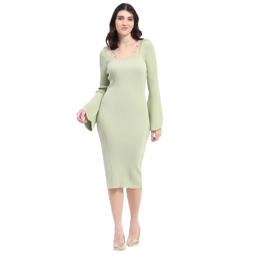 Madame Mint Green Knitted Midi Dress with Flounce Sleeves