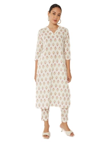 Max Women Floral Print Straight Kurta Set(Off White_M)