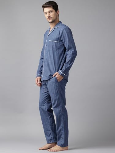 English Navy Men Checked Relaxed Fit Night Suit Blue Size 42, Comfortable Relaxed fit for Lounging, Perfect for Bedtime and Home wear, Gentle on Skin for All Night Comfort