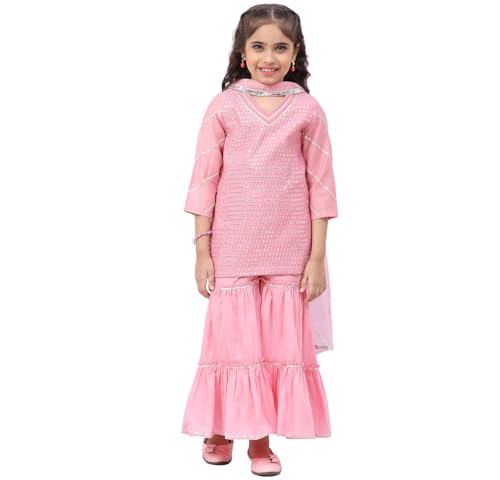 BIBA Girl's Cotton Embroidery Relaxed Kid (Kw4164_Pink_11, Kurta Sharara Set)
