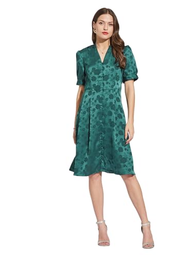 Latin Quarters Women Green V-Neck Half Sleeves Printed Knee Length A-Line Dress XL
