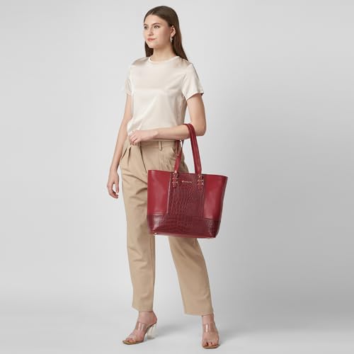 Caprese Macie 16 Inch Large Laptop Compatible Tote Bag for Women | Textured Faux Leather Shoulder Bag with Trolley Sleeve & Zipper Closure | Stylish Office, Work, Travel Handbag (Cherry Lacquer)