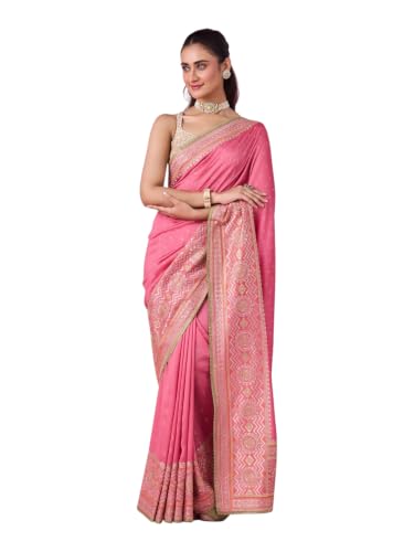 MOHEY Women's Art Silk Stone Work, Thread Work & Zari Saree with Blouse Piece (Pink)