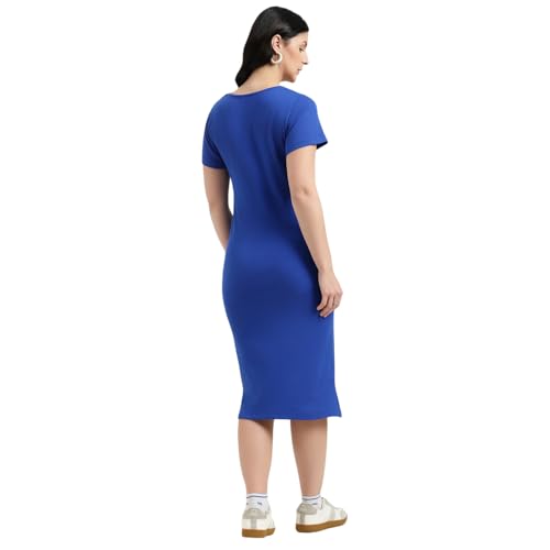 United Colors of Benetton Round Neck Solid Bodycon Dress (Size : XS) - 26P3RYCD400YI19R Blue