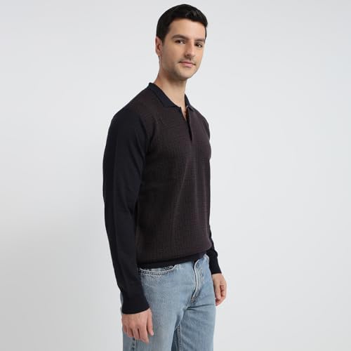 Raymond Men Contemporary Fit Structure Pattern Merino Wool Acrylic Blend Polo Neck Full Sleeve Casual Sweater Blue