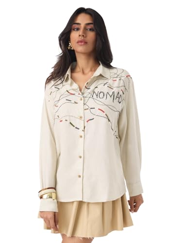 The Souled Store Nomad Line: Stitch Lines Women and Girls Full Sleeves Spread Collar Beige Embroidered Linen Blend Oversized Fit Lightweight Summer-Ready for Casual Streetwear Boyfriend Shirts