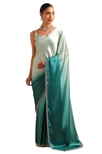 Soch Womens Teal Satin Ombre Saree