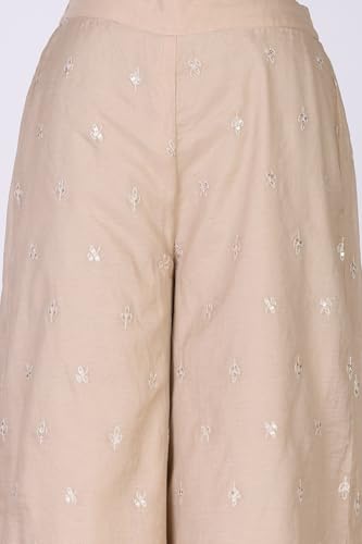 Wishful Women's Beige Embroidered Organza Straight Kurta with Parallel Pants and Dupatta Set - (SP13783-400522-M)