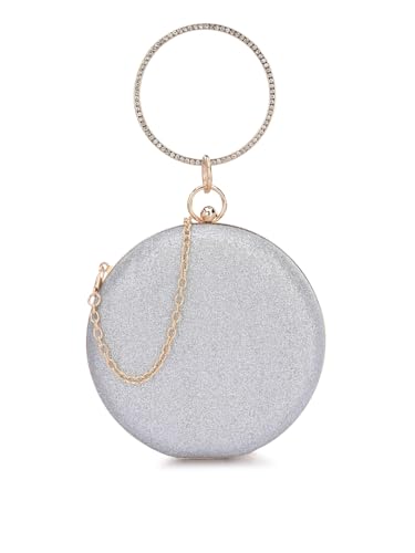 TOOBA Sparkling Silver Round Floral Synthetic Clutch – Stylish Rhinestone Handle Purse for Women, Ideal for Weddings, Parties & Festive Occasions