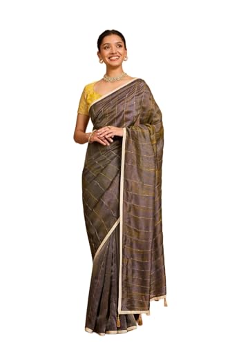 Taneira Women Brown Pure Tissue Organza Hand Painted Embroidered Saree with Unstitched Blouse Piece (SAIP01AC1418-Brown)