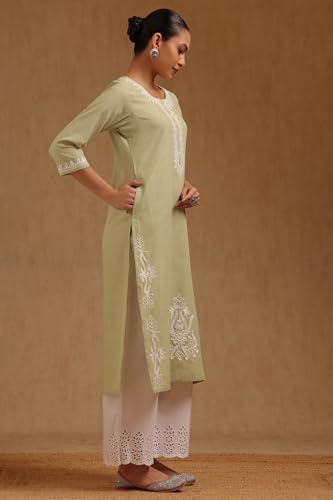 Soch Womens Sap Green Rayon Slub Embroidered Kurta with Thread Work