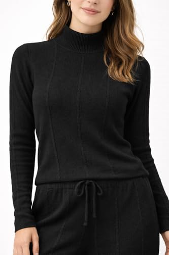 CAMEY Women’s Woolen Lounge Wear Set | Full Sleeve High Neck Top with Wide Leg Pants | Soft Warm Winter Co-Ord Set for Home & Casual Wear (Black, Free Size)
