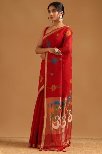 Soch Womens Red Tissue Botanical Zari Woven Saree