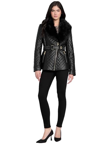 GUESS Women's Oprah Fur Collar Diamond Faux Leather Jacket, Black (Jet Black), L