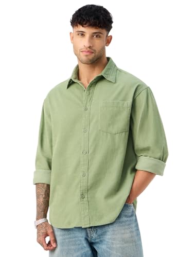The Souled Store Corduroy Shirt: Jade Men and Boys Long Sleeve Spread Collar Green Solid Casual Easy to Style Everyday Officewear Casual Relaxed Fit Cotton Shirt
