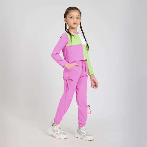 Hopscotch Girls Full Sleeves Pink 2-Pc Colorblock Cotton Jogger Set (2-3 Years)
