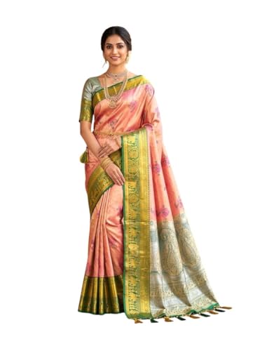 VFCollections Women's Traditional Handloom Kanchipuram Silk Pure Pattu Sarees | Rich Zari Woven Design | Bridal Saree | Unstitched Blouse (VFC625-4), Purple,Beige