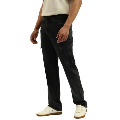 United Colors of Benetton Solid Comfort Fit Cargo Jeans (Size: 40)-25A4MBOO5029I901 Black