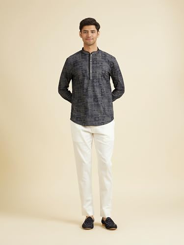 Manyavar Men's Cotton Blend Printed Short Kurta(Dark Grey,XXXL)