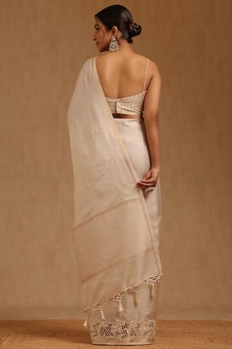 Soch Womens Cream Tussar Floral Printed Saree With Thread Work