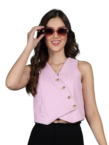 BIRDIE Women’s Corduroy Sleeveless V-Neck Waistcoat | Stylish Layering Top | Casual Office Wear (Baby Pink, L)