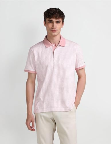 Arrow Sports Men's Pink Geometric Collared Neck Half Sleeve Casual Cotton Slim Fit T-Shirts (ASAITS3293_Pink_3XL)