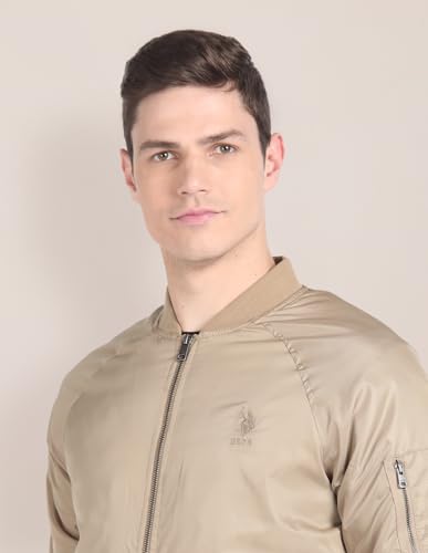 U.S.Polo Association Men's Solid Stand Collar Bomber Jacket (USJCKO3014_Beige_2XL)