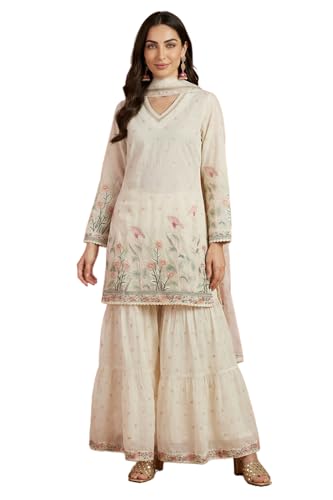Wishful Women's Off White Thread Embroidered Chanderi Straight Kurta with Sharara and Dupatta Set - (SP13782-400520-M)