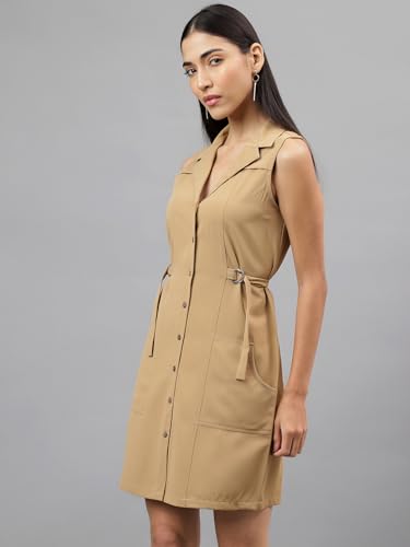 Latin Quarters Women Beige Sleeveless Collar Neck Women Shirt Dress_L