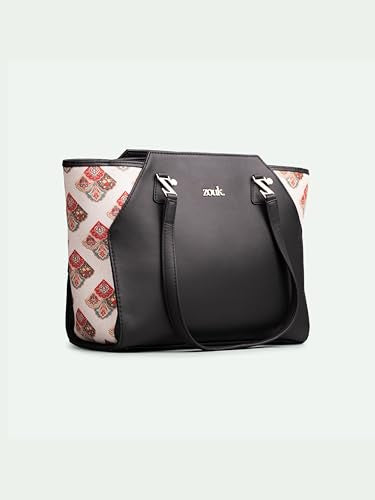 ZOUK Seashell Motif White Printed Jute Handcrafted Vegan Leather Black Women's Check-point Friendly Classic Business