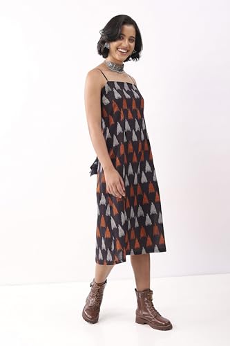 Biba Nxt Women Black Cotton Abstract Printed Strappy Midi Dress_32