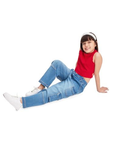 olele® | 7 Pockets Cargo Jeans Pants for Girls| Relaxed Fit Stretchable Denim Jeans Elasticated Waist Pant for 4 to 14 Years Kids