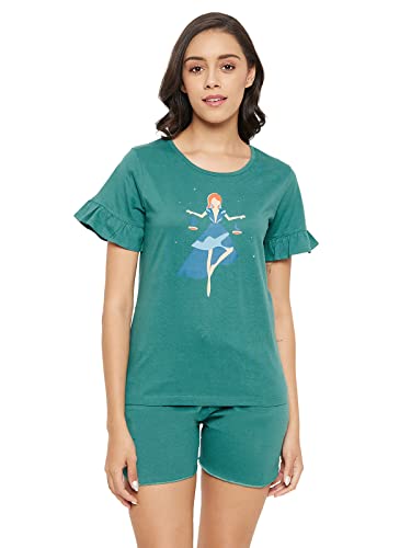 Clovia Women's Cotton Libra Print Top & Shorts Set (LS0555G36_Teal_S)