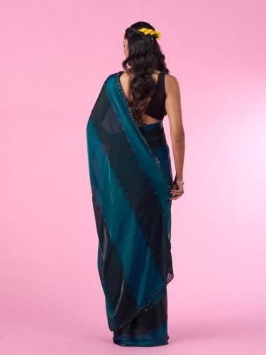 MOHEY Women's Organza Printed & Stone Work Saree with Blouse Piece (Teal Blue)