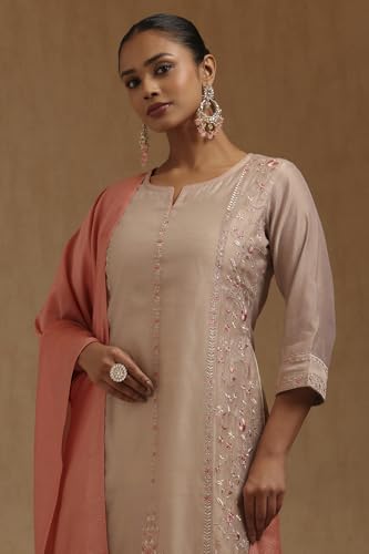 Soch Womens Beige Chanderi Floral Printed Suit Set With Thread Work