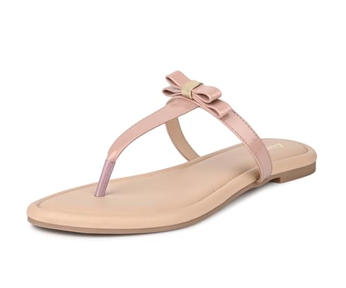 LOUIS STITCH Women’s Slip-On T-Strap Flat Sandals | Open Toe Peach Pink Stylish Sandal for Ladies, Fashionable and Comfortable Sandal | LSOF-FI01-TSNU | UK-8