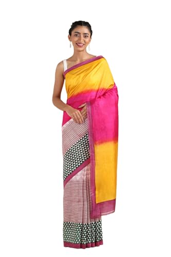 Taneira Women Yellow Silk Printed Saree with Thread Border And Unstitched Blouse Piece (SHH06I00224-Yellow)