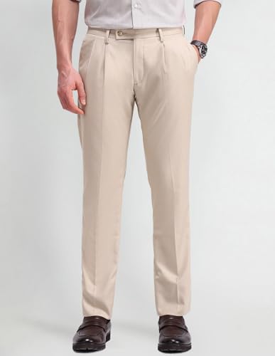 Arrow Men's Beige Solid Mid Rise Polyester Hook and Bar Slim Pleated Front Slant Pocket Trousers (ARAITR2144_Beige_36)