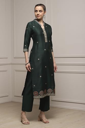 Biba Women Green Chanderi Blend Handloom Unstitched Suit Set_FREE SIZE