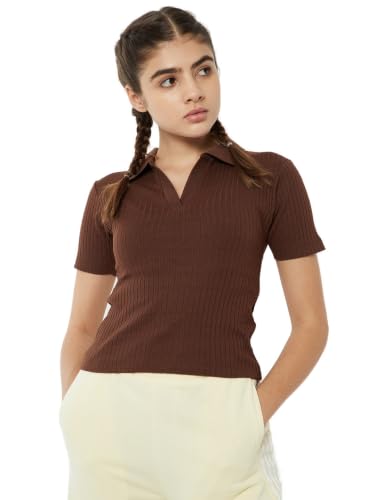 Max Women Ribbed Johnny Collar Sports T-Shirt (Brown_L)