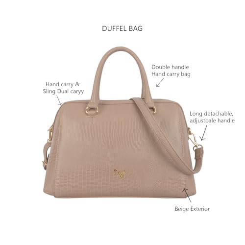 Baggit Women Beige Duffle Handbag Medium Size | Ladies Stylish Casual Purse Bag